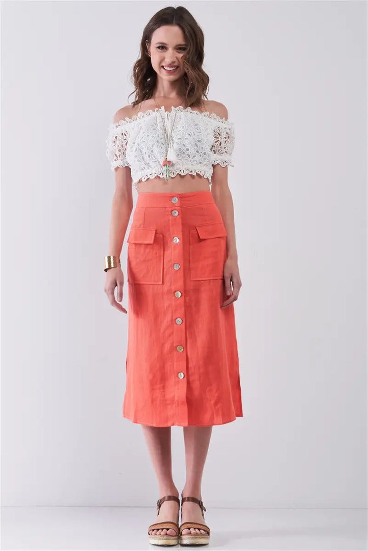 Santorini Coral Linen High Waist Rainbow Pearl Buttons Detail Two Front Pockets Midi Skirt
