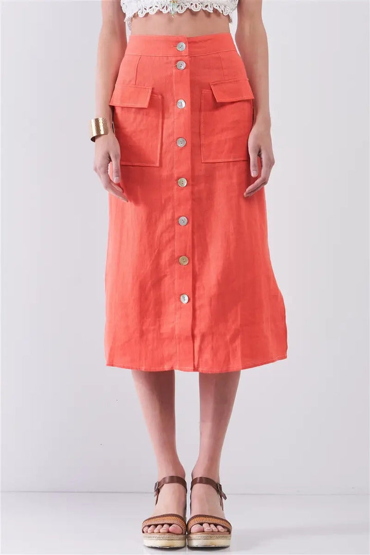 Santorini Coral Linen High Waist Rainbow Pearl Buttons Detail Two Front Pockets Midi Skirt