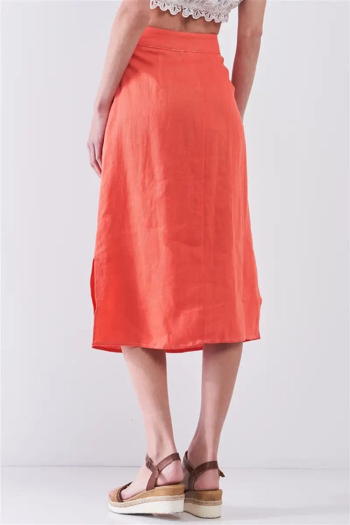 Santorini Coral Linen High Waist Rainbow Pearl Buttons Detail Two Front Pockets Midi Skirt