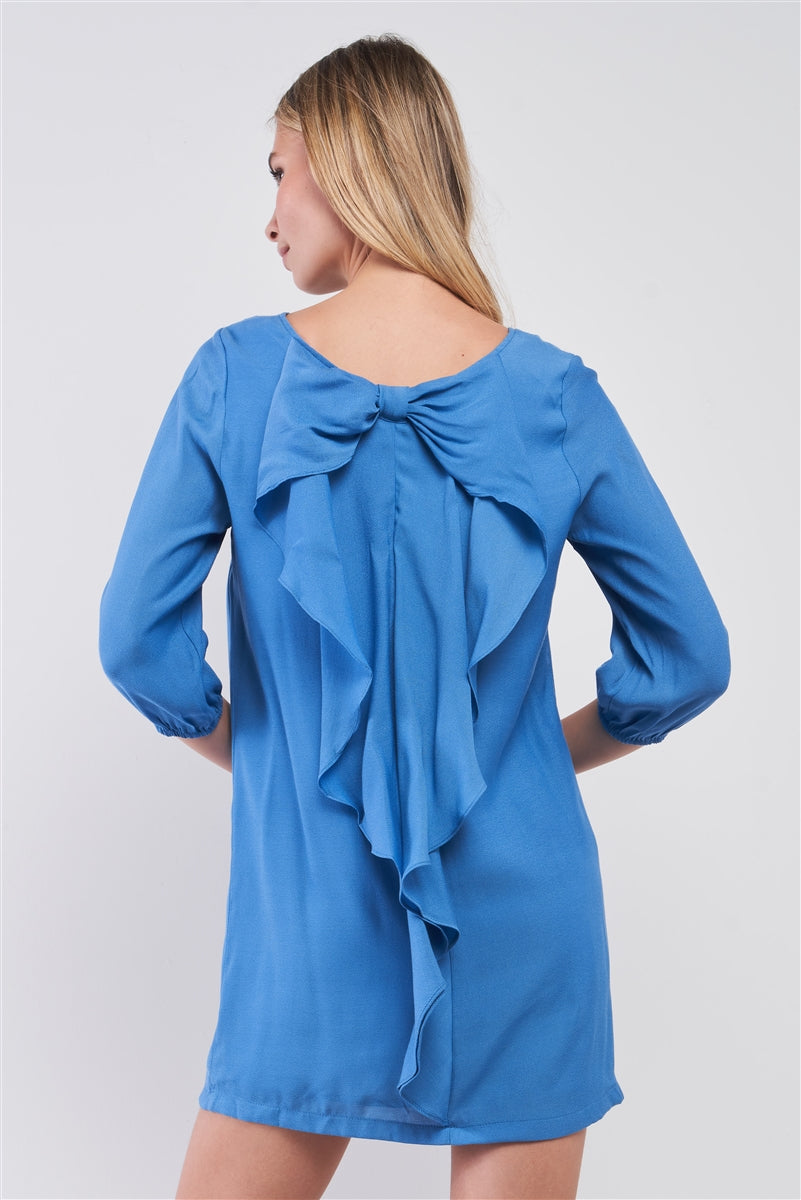 Azure Blue Balloon Sleeve Bow Back Detail Straight-Cut Loose
