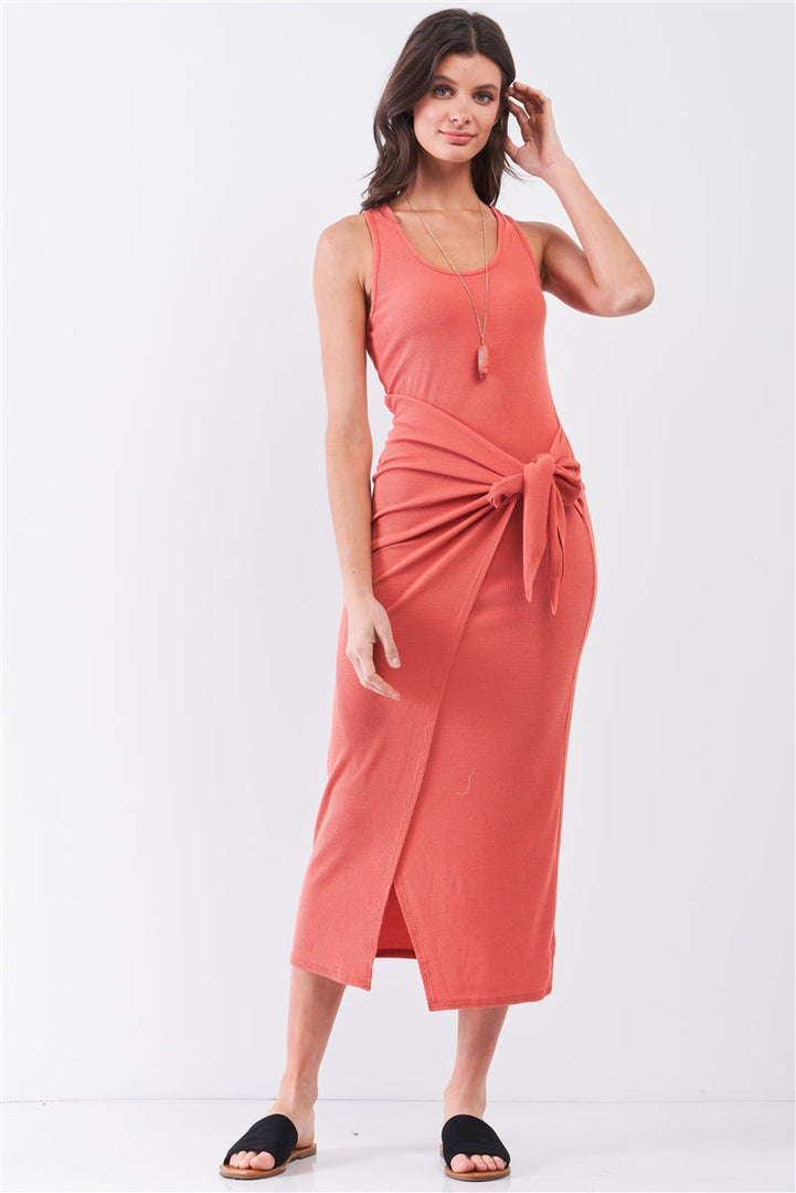 Brick Coral Ribbed Sleeveless Scoop Neck Asymmetrical Wrap Front Detail Midi Dress