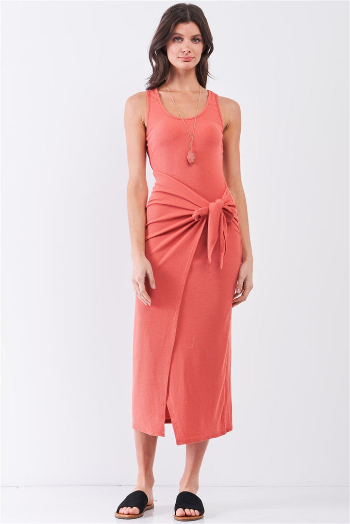 Brick Coral Ribbed Sleeveless Scoop Neck Asymmetrical Wrap Front Detail Midi Dress