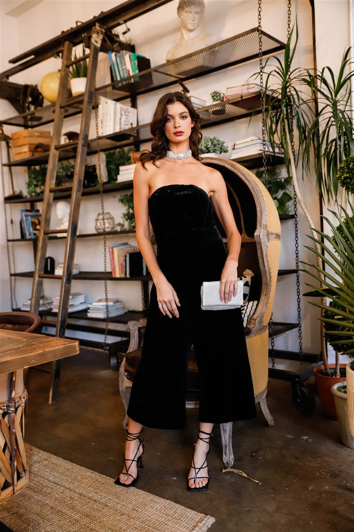 Black Velvet Off-The-Shoulder Front Buckle Belt Jumpsuit