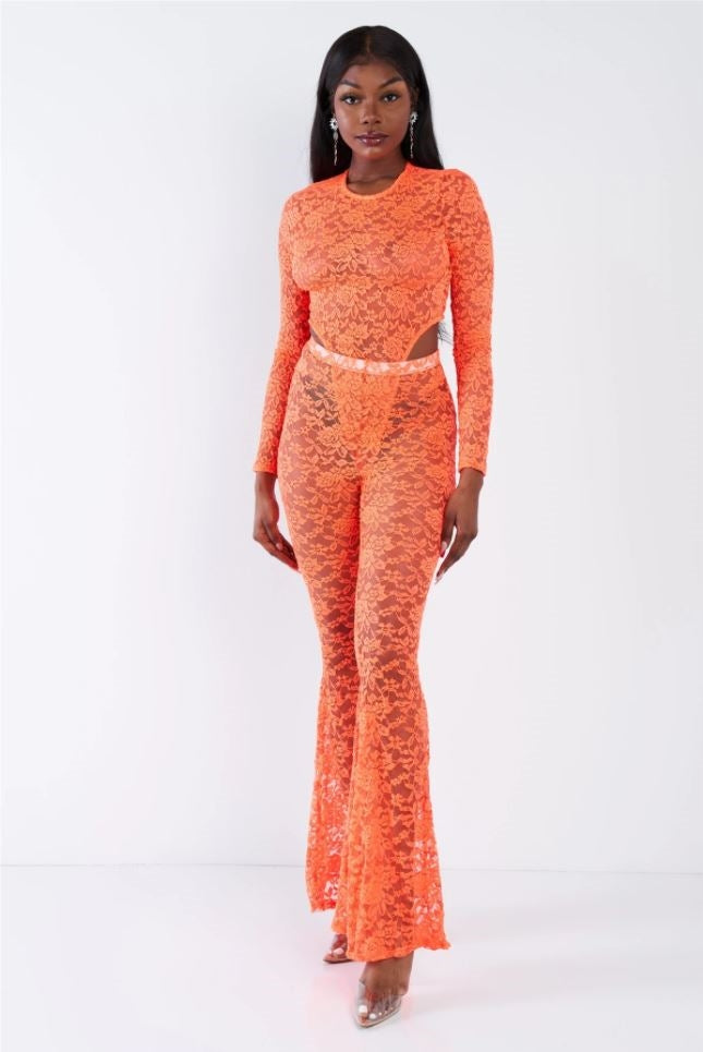 Orange Floral Lace Side Cut Out Mock Snap Bodysuit Flare Maxi Leg Jumpsuit