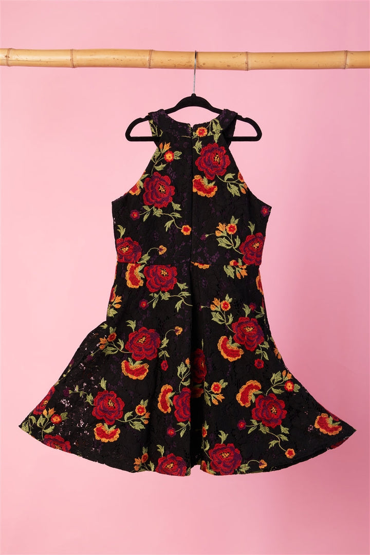 Girls Multi Black Floral Lace Embroidery Dress