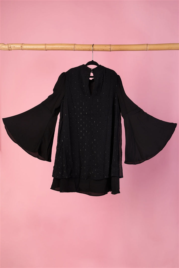 Girls Black Bell Sleeves Mock-Neck Dress