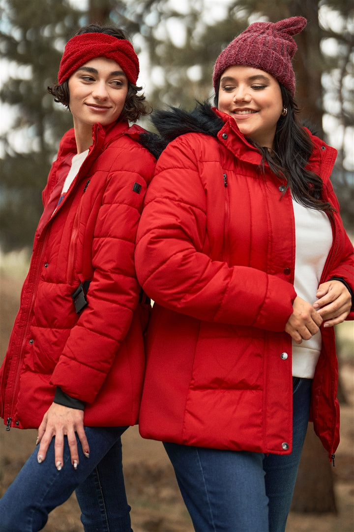 Red Faux Fur Harness Buckle Belt Detail Long Fitted Puffer Jacket