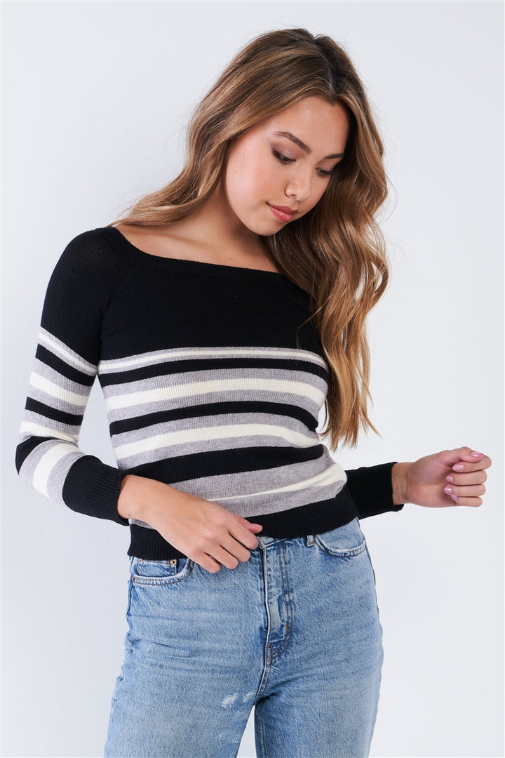 Black Multi Stripe Square Neck Long Sleeve Sweater