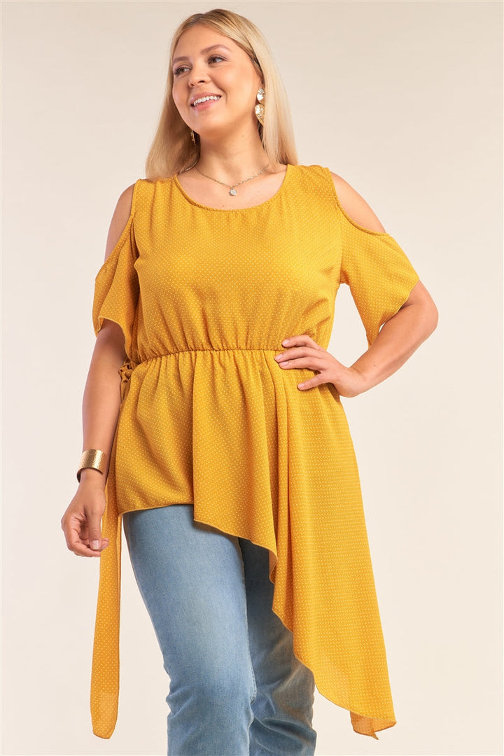 Junior Plus Size Yellow Polka Dot Asymmetrical Cut-Out Shoulder Self-Tie Side Detail Round Neck Top