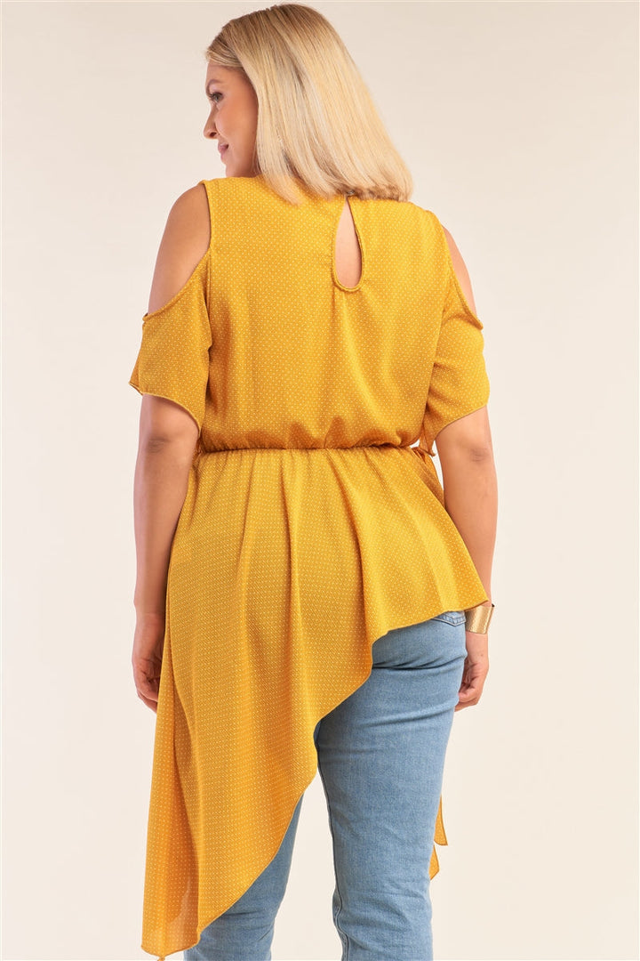 Junior Plus Size Yellow Polka Dot Asymmetrical Cut-Out Shoulder Self-Tie Side Detail Round Neck Top