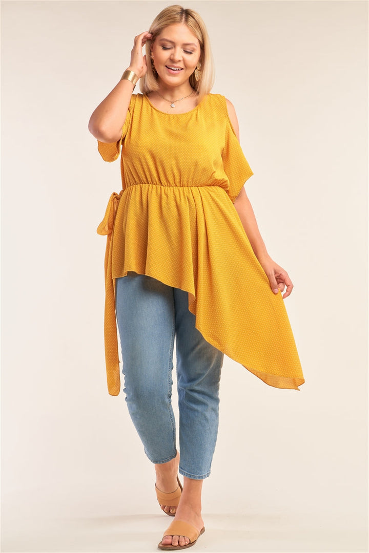 Junior Plus Size Yellow Polka Dot Asymmetrical Cut-Out Shoulder Self-Tie Side Detail Round Neck Top