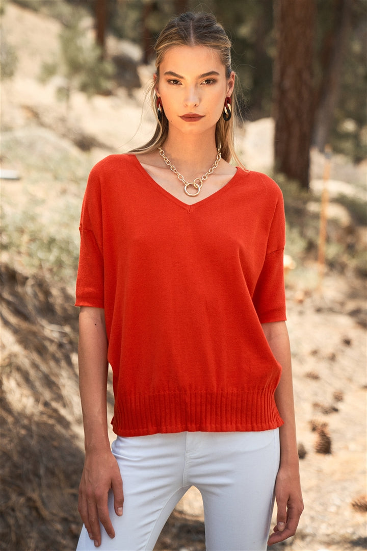 Bright Red V-Neck Short Sleeve Loose Fit Rib Hem Knit Top