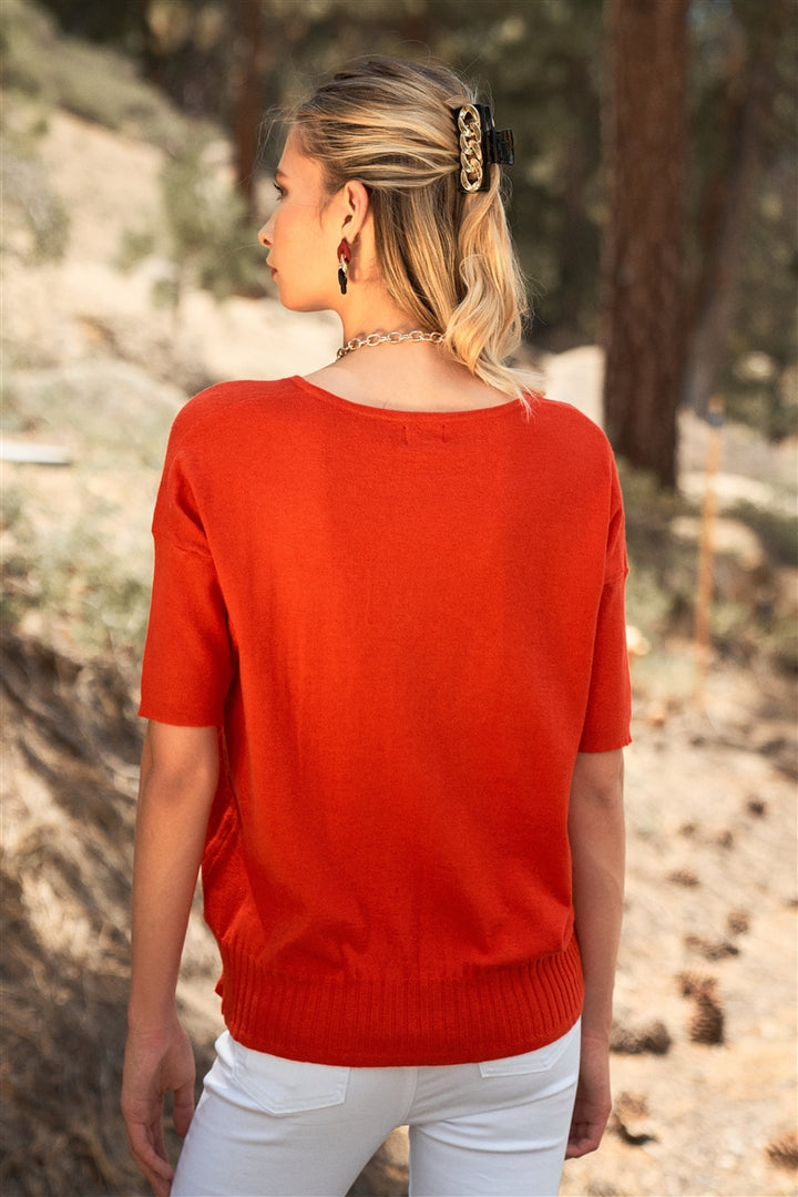 Bright Red V-Neck Short Sleeve Loose Fit Rib Hem Knit Top