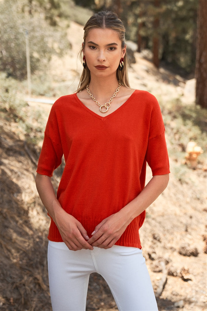 Bright Red V-Neck Short Sleeve Loose Fit Rib Hem Knit Top