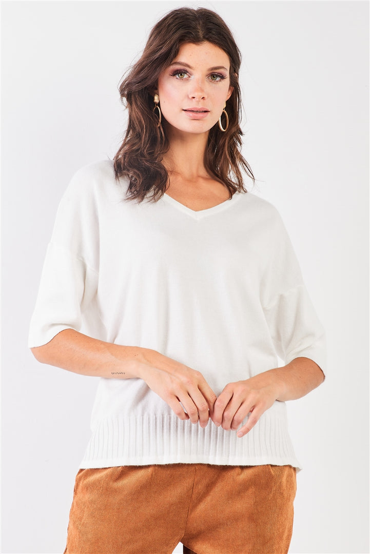 Ivory V-Neck Short Sleeve Loose Fit Rib Hem Knit Top