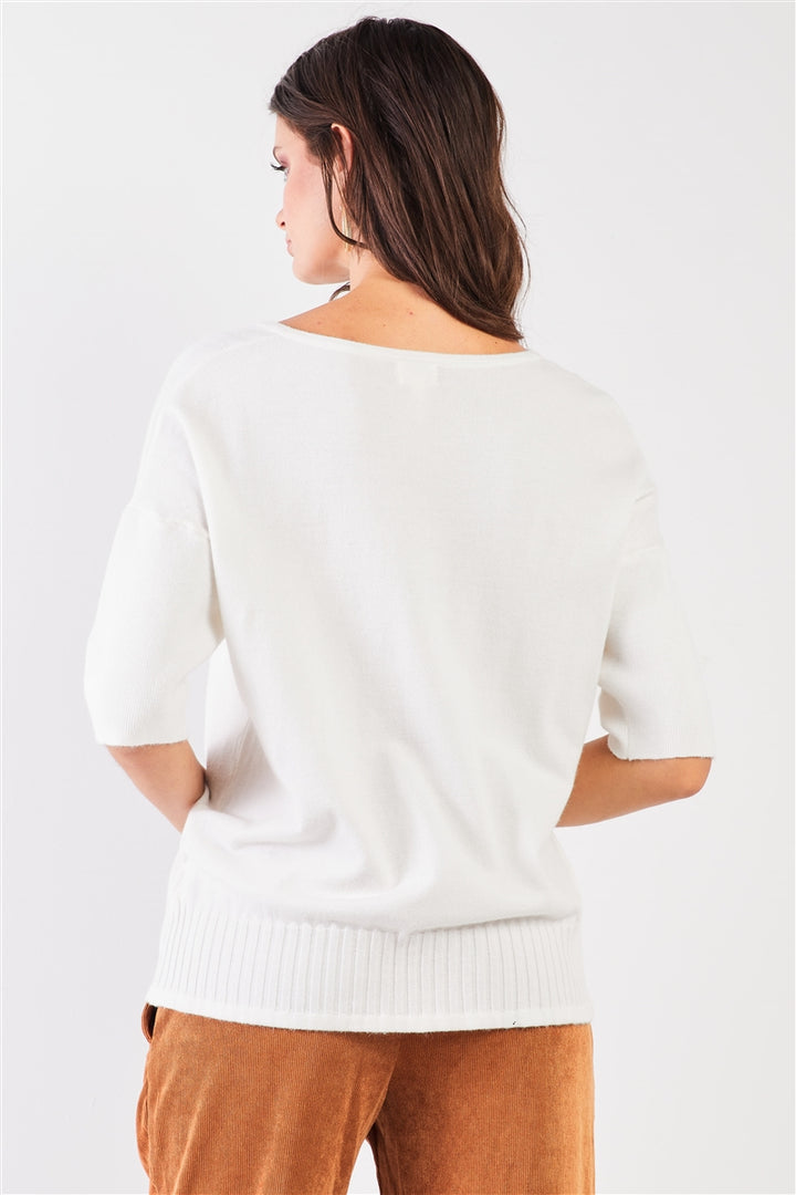 Ivory V-Neck Short Sleeve Loose Fit Rib Hem Knit Top