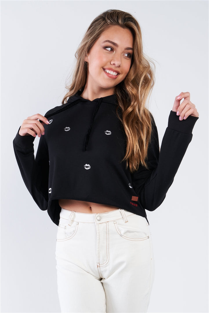 Black Long Sleeve Metallic Lip Detail Pullover Crop Hoodie