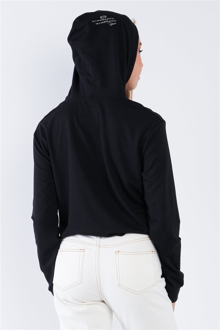 Black Long Sleeve Metallic Lip Detail Pullover Crop Hoodie