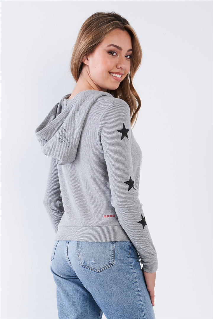 Heather Grey Ribbed Knit Star Long Sleeve Zip Up Hoodie