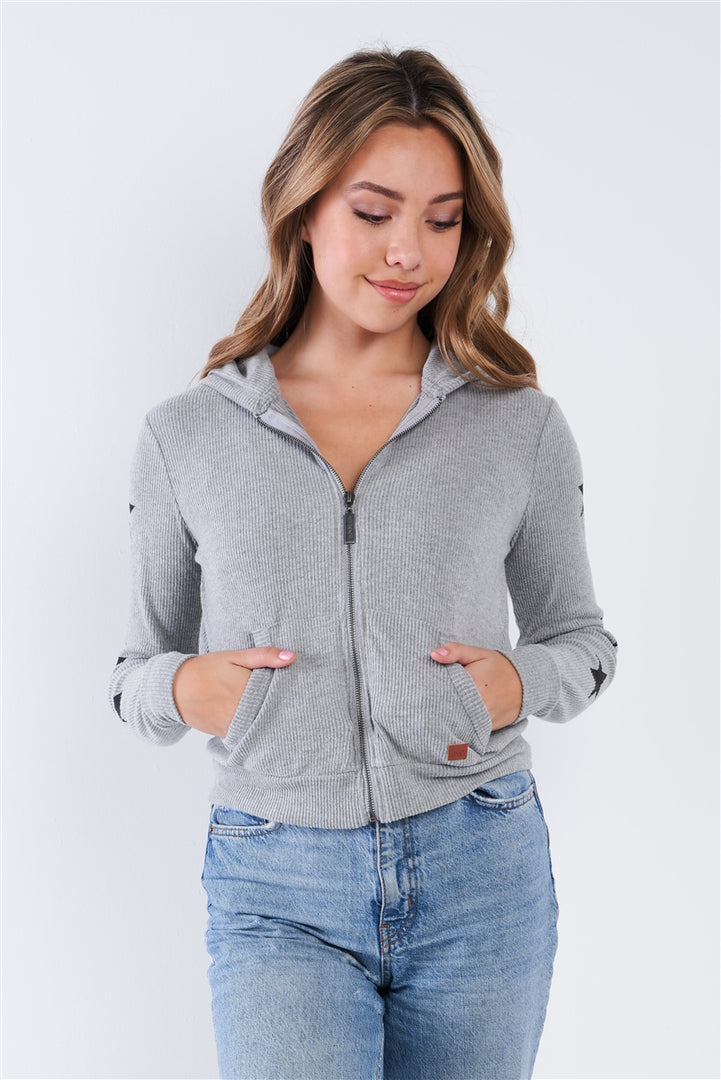 Heather Grey Ribbed Knit Star Long Sleeve Zip Up Hoodie