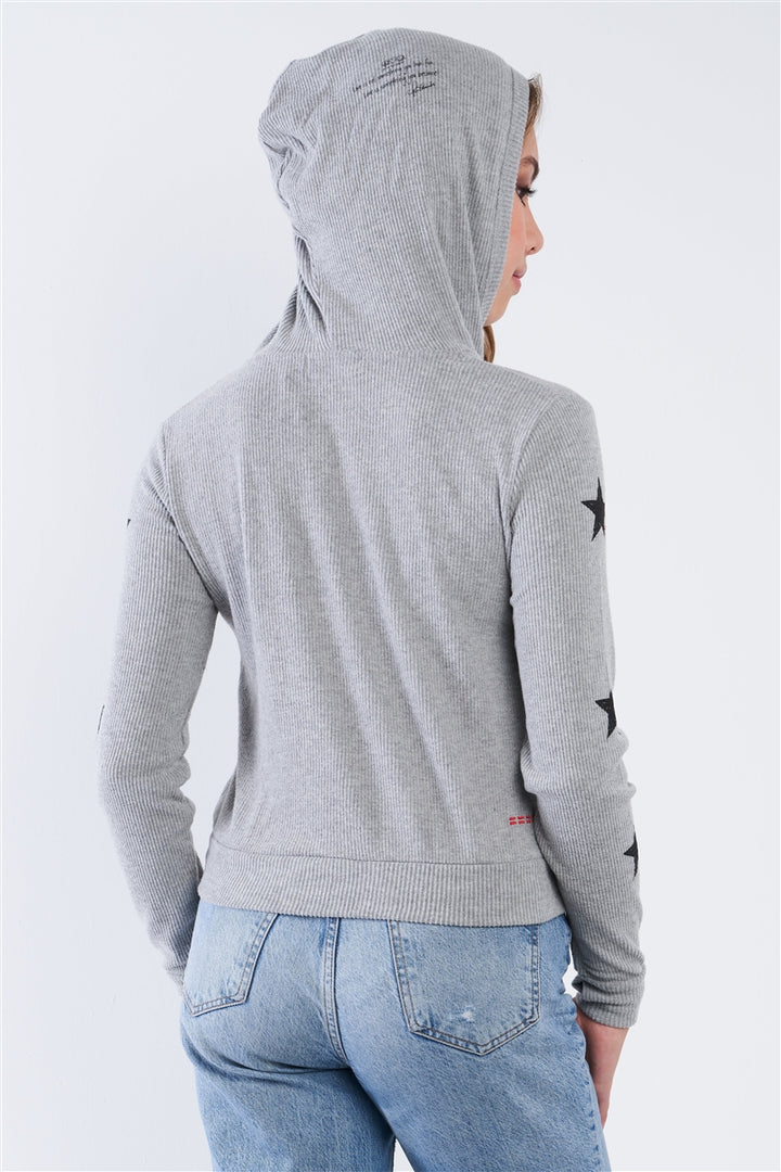 Heather Grey Ribbed Knit Star Long Sleeve Zip Up Hoodie