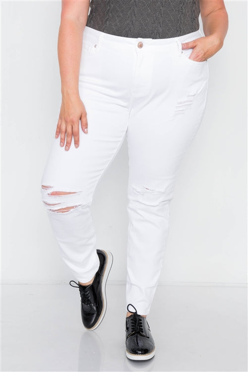 Cotton Spandex White Plus Size Distressed Skinny Jeans