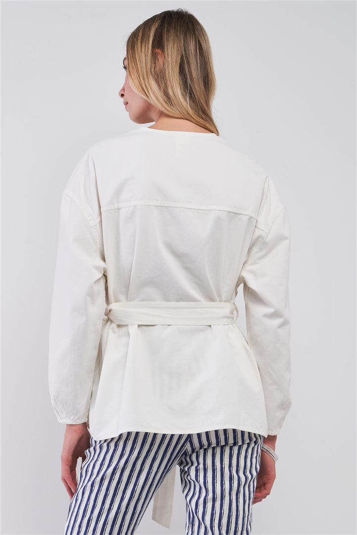 Off-White Balloon Sleeve Button-Down Front Self-Tie Belted Oversized Summer Jacket