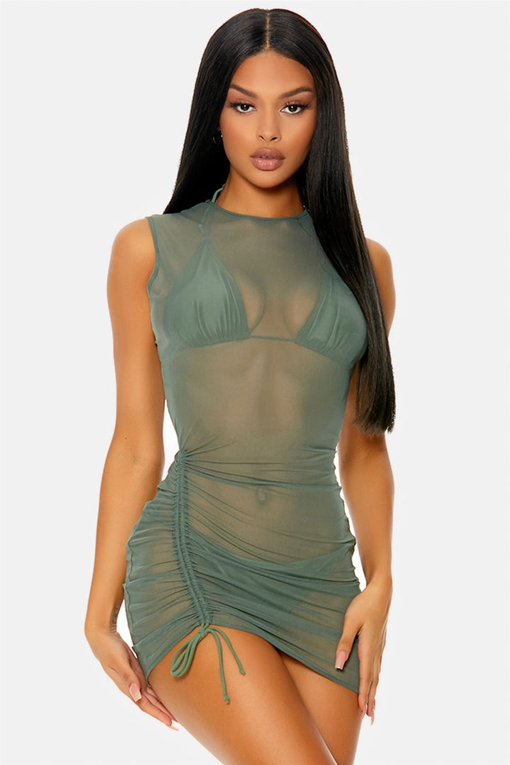 Sage Full Coverage Ruched Mesh Sleeveless Pool Swimwear Coverup Dress