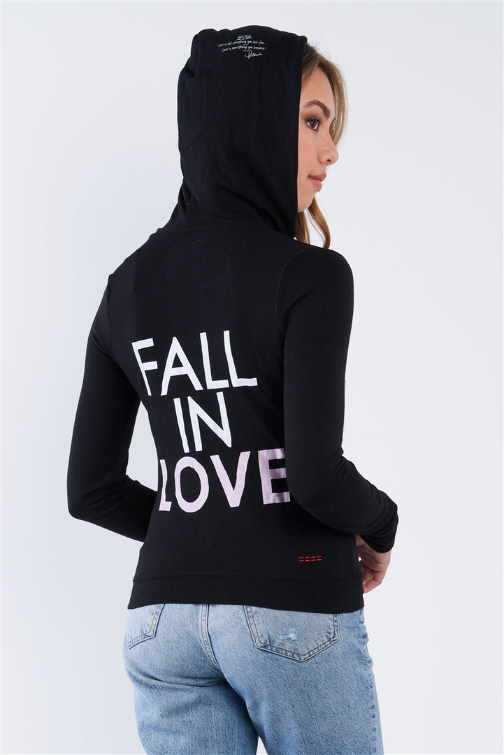 Black Long Sleeve "Fall In Love" Zip Up Casual Hoodie