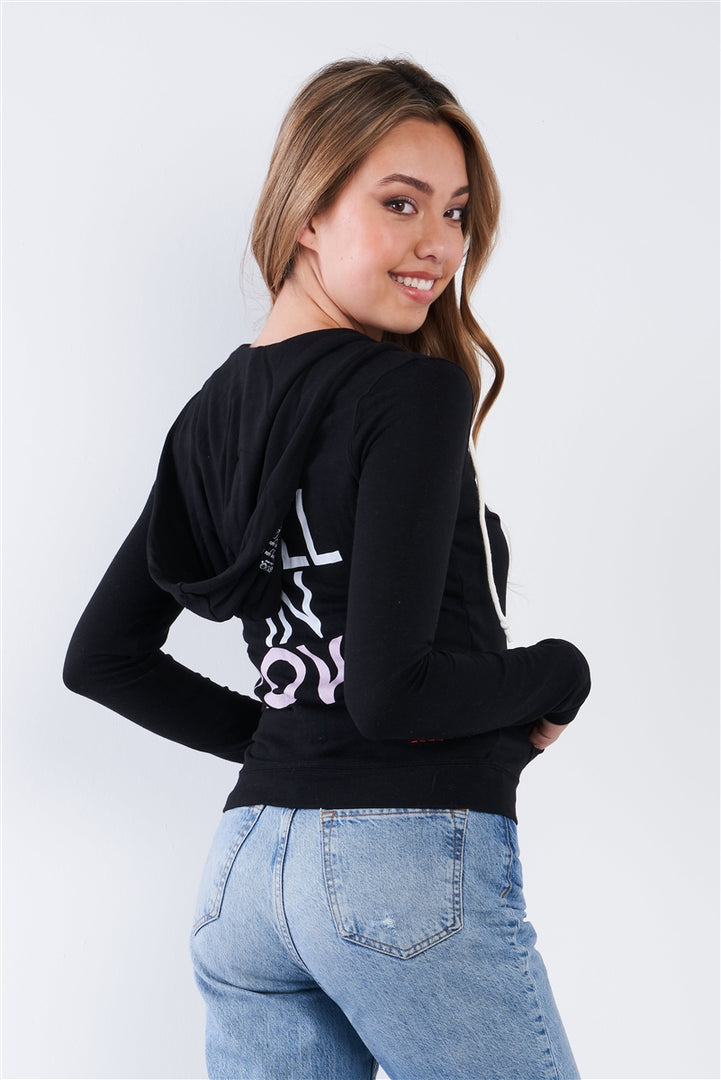 Black Long Sleeve "Fall In Love" Zip Up Casual Hoodie