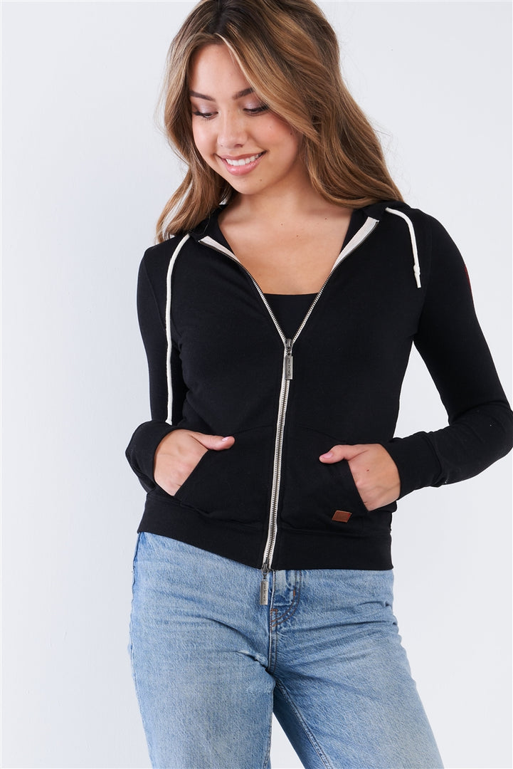 Black Long Sleeve "Fall In Love" Zip Up Casual Hoodie