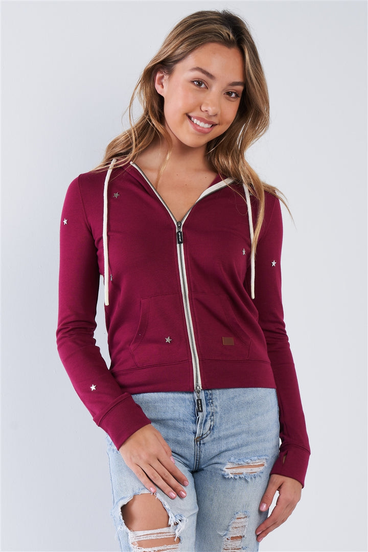 Plum Long Sleeve "Be The Light" Graphic Star Studded Comfy Zip Up Hoodie