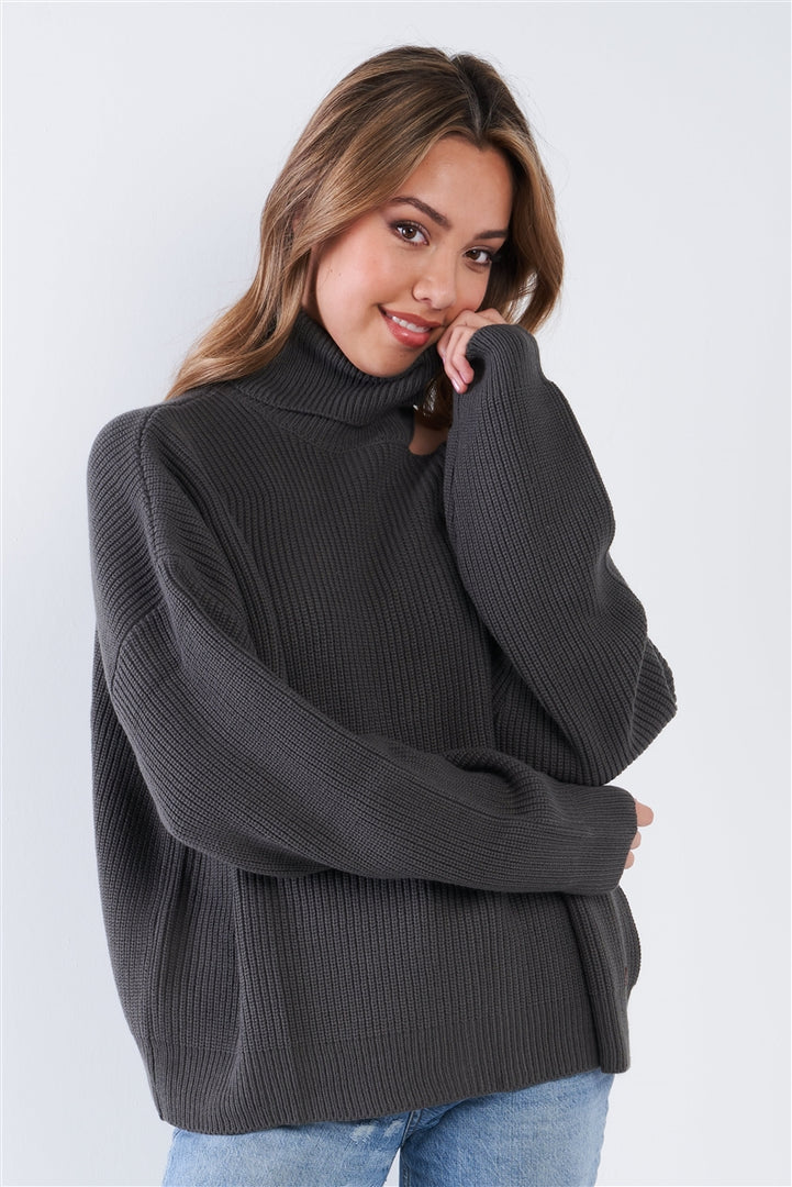 Charcoal Heather Turtleneck Oversized Dolman Sleeves Knit Sweater