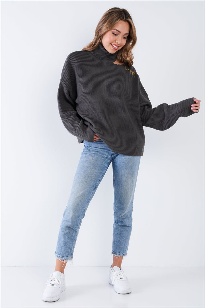 Charcoal Heather Turtleneck Oversized Dolman Sleeves Knit Sweater