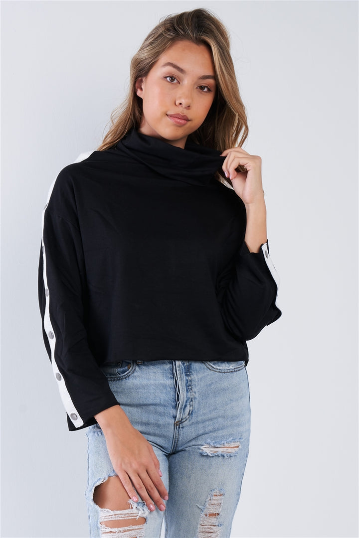 Black Long Sleeve Turtle Neck Shoulder Snap Detail Top