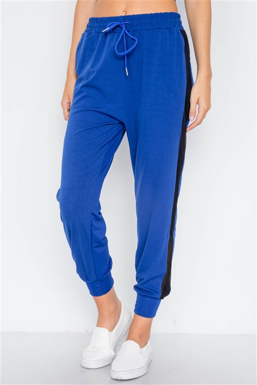 Blue Mid-Rise Mash-Paneled Sporty Joggers Pants