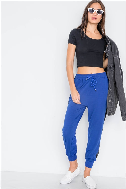 Blue Mid-Rise Mash-Paneled Sporty Joggers Pants