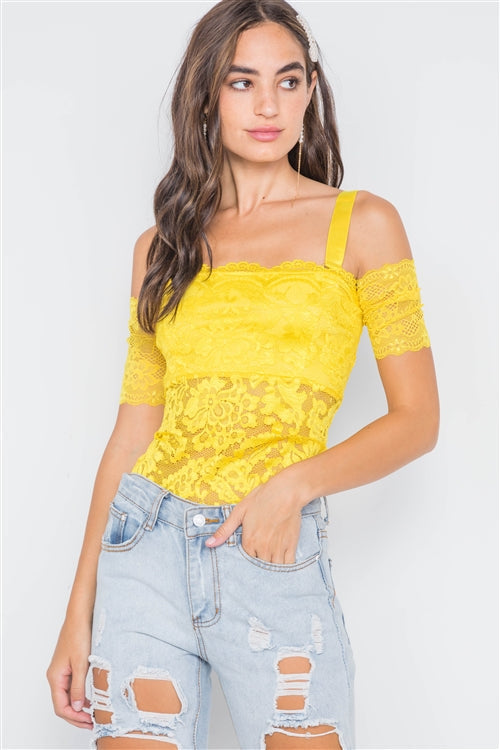 Neon Yellow Cami Off-The-Shoulder Floral Lace Bodysuit