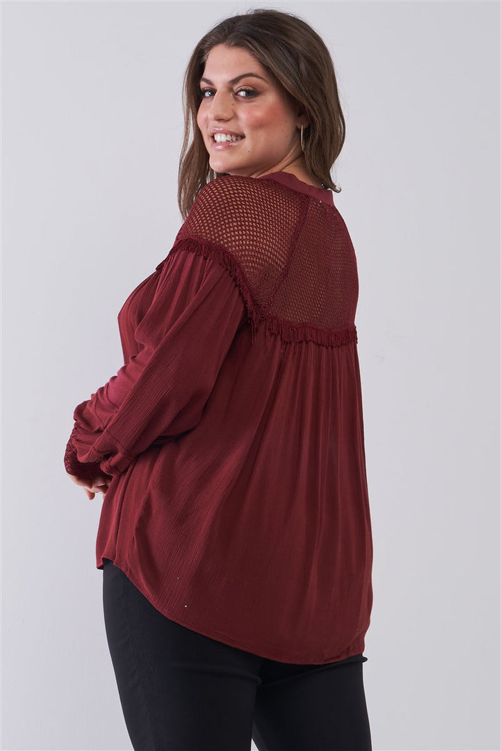 Junior Plus Size Burgundy Boho Sheer Net Mesh Balloon Sleeve Detail Relaxed Top