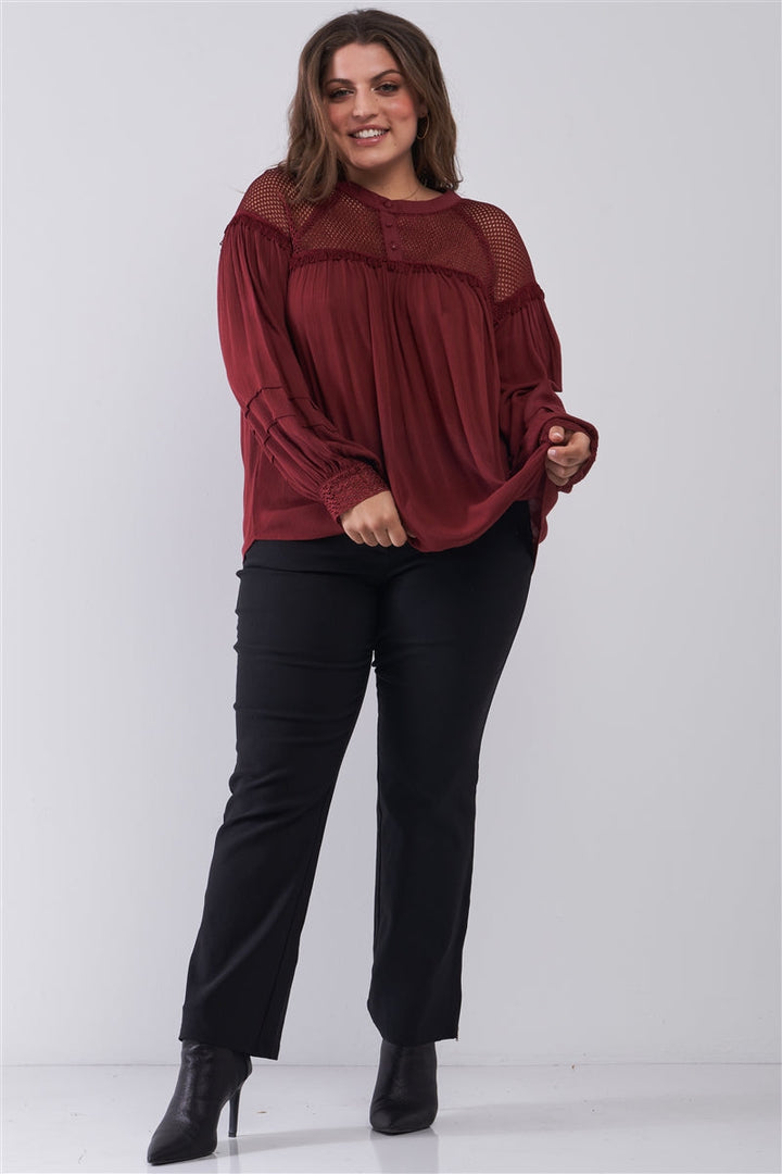 Junior Plus Size Burgundy Boho Sheer Net Mesh Balloon Sleeve Detail Relaxed Top