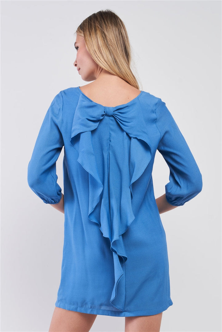 Azure Blue Balloon Sleeve Bow Back Detail Straight-Cut Loose Mini Dress