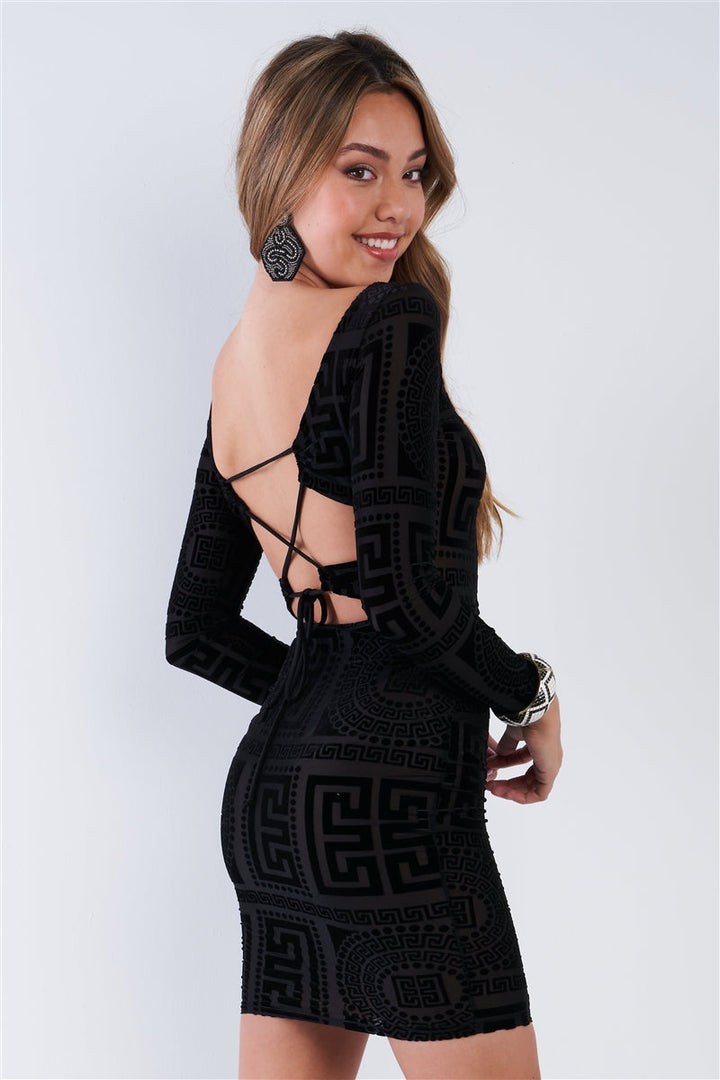 Black Sheer Velvet Self-Tie Open Back Bodycon Mini Dress