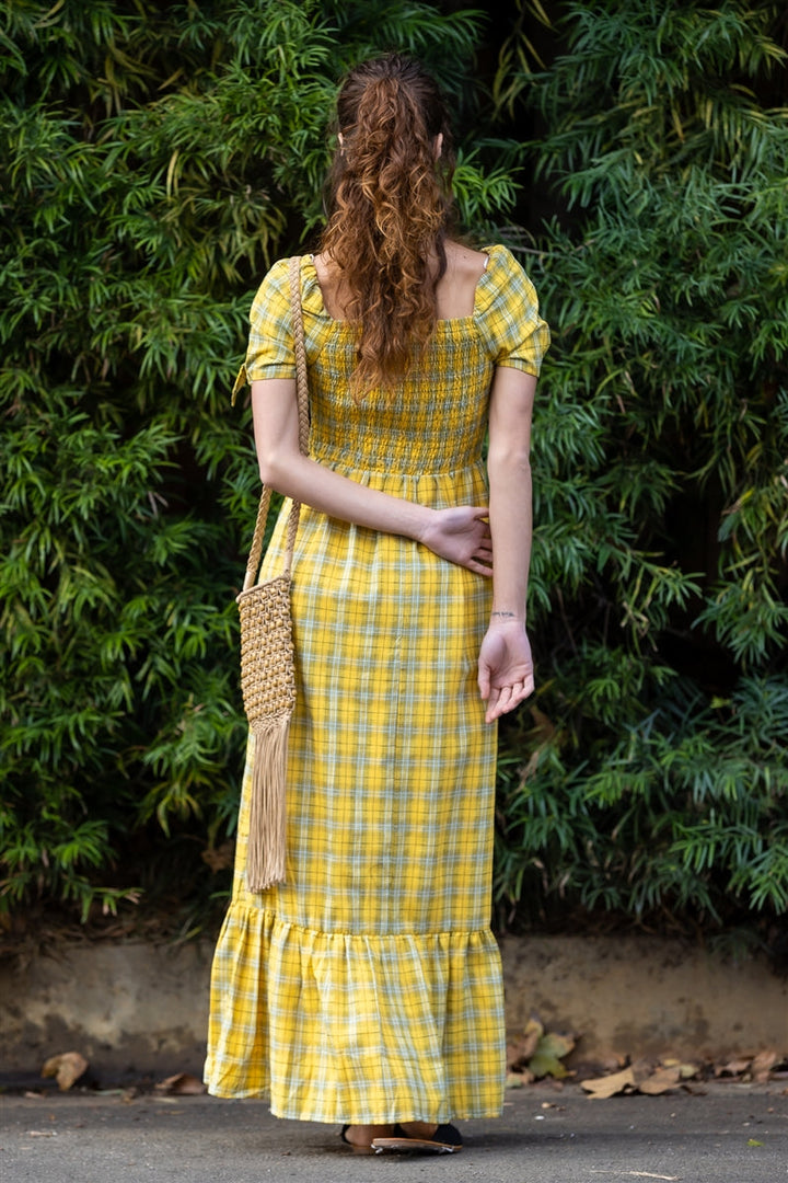 Yellow Plaid Cotton Smocked Bodice Puff Short Sleeve With Self-Tie Detail Maxi Dress