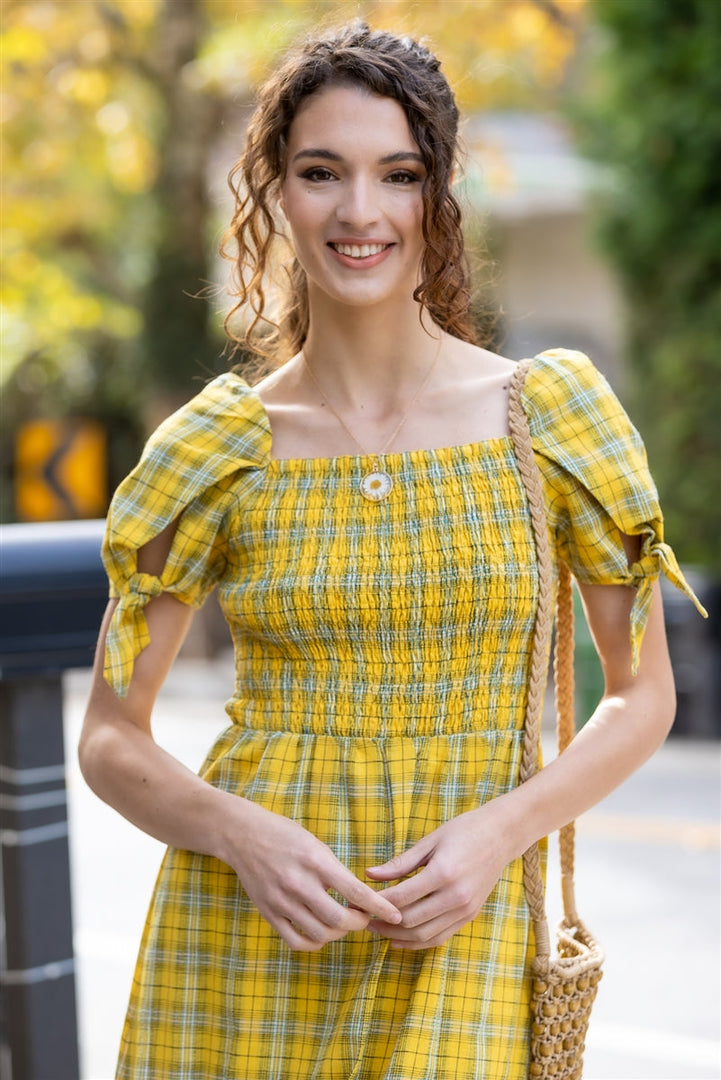 Yellow Plaid Cotton Smocked Bodice Puff Short Sleeve With Self-Tie Detail Maxi Dress