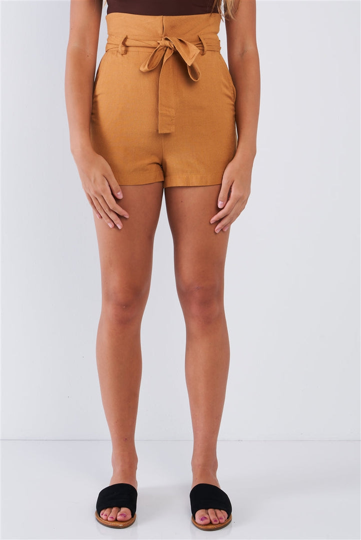 Camel Collared High Waist Hem Self Tie Belt Shorts