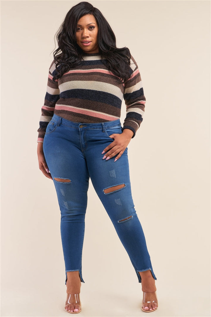 Plus Size Light Blue Low-Rise Ripped Denim Pants