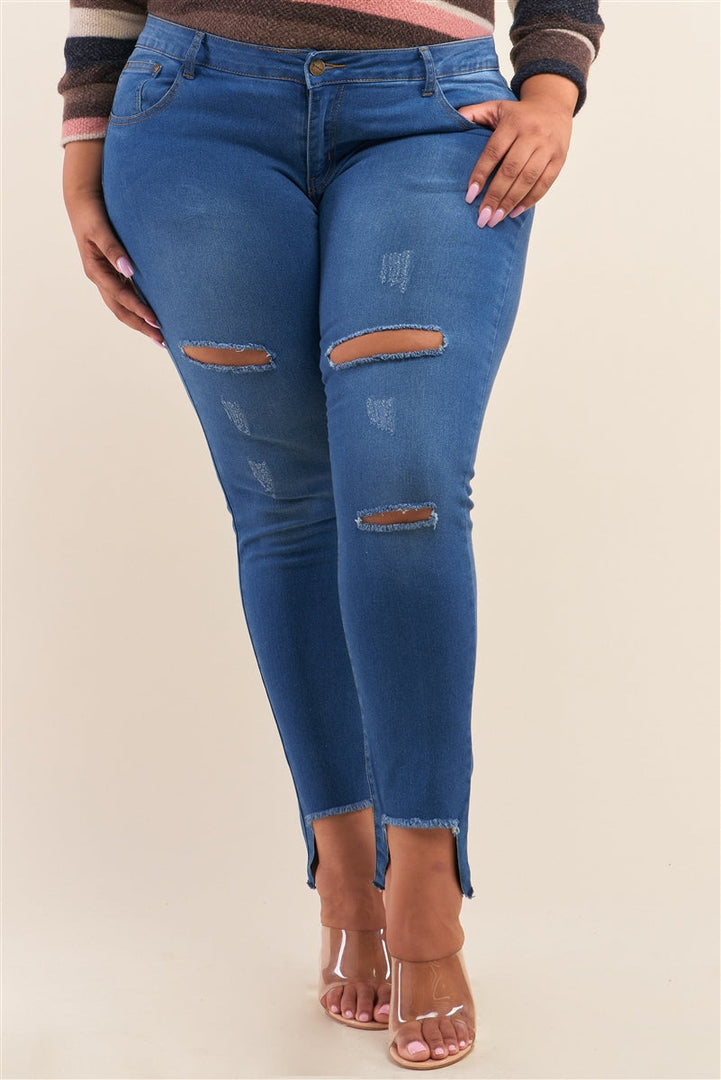 Plus Size Light Blue Low-Rise Ripped Denim Pants