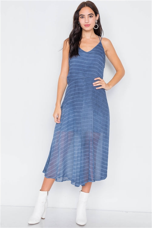 Indigo Blue Contrast Stripes Sheer Flare Leg Jumpsuit