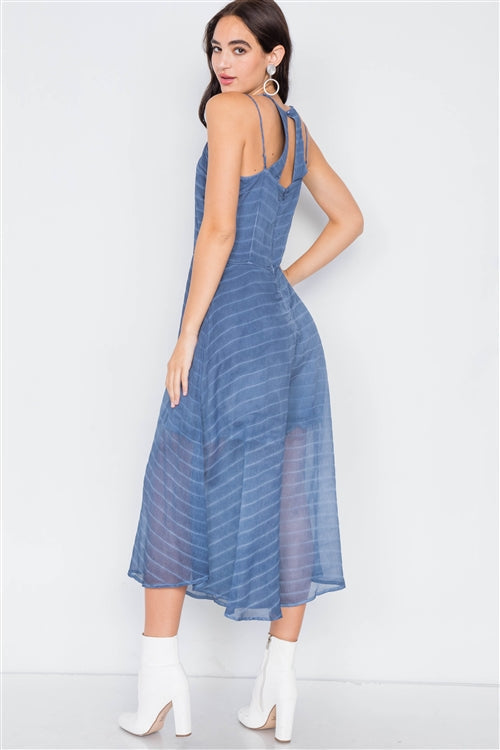 Indigo Blue Contrast Stripes Sheer Flare Leg Jumpsuit