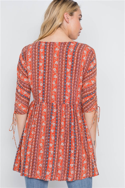 Rust V-Neck 3/4 Sleeve Button-Front Boho Top